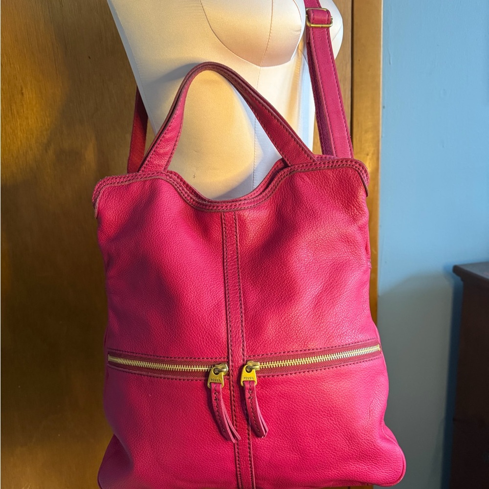Vibrant Fossil magenta Leather crossbody and top handle bag. Med, adjustable - Picture 2 of 16